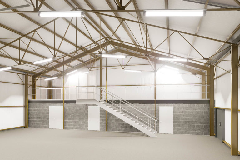 Visualisation 3D d’un espace architectural industriel rénové, mettant en valeur une structure métallique apparente avec poutres en acier, une mezzanine technique avec garde-corps, un escalier droit en métal et un mur en parpaings. Le volume intérieur est éclairé par des luminaires suspendus, soulignant la charpente apparente et la hauteur sous plafond. Ce rendu 3D illustre un projet d’aménagement d’entrepôt avec potentiel de transformation en espace modulable.